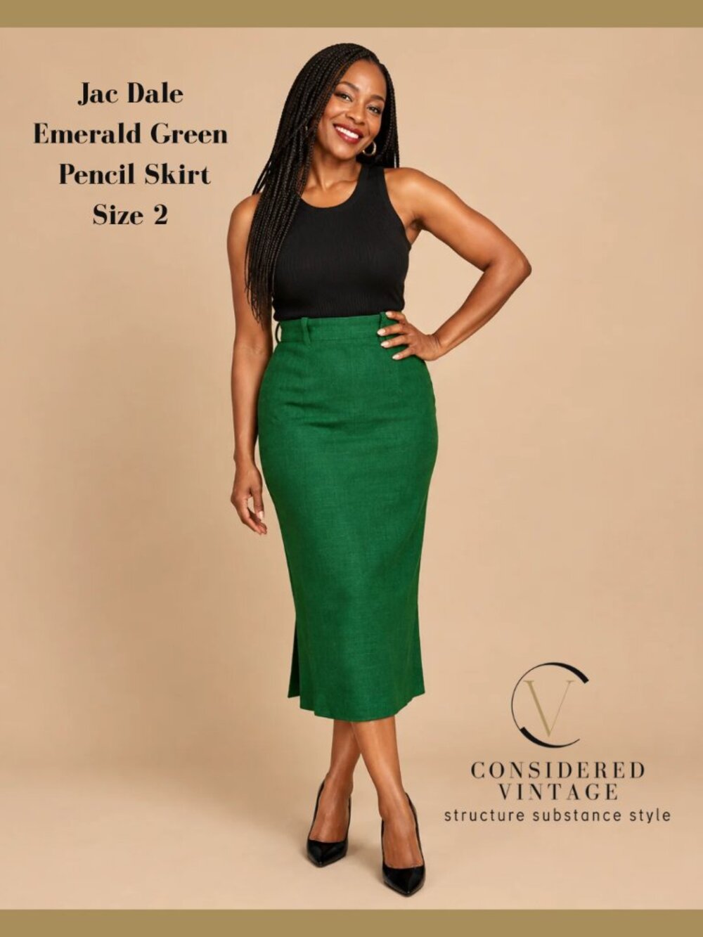 VTG Jac Dale Emerald Green Midi Pencil Skirt Made in Canada Size 26” waist